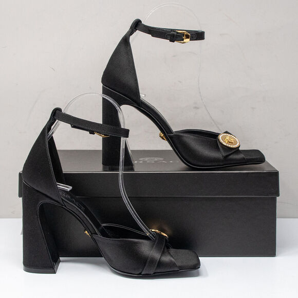 Versace Medusa Crystal Gold Medallion Black Satin Sandals, Size 37 EU (7 US) - Picture 2 of 11
